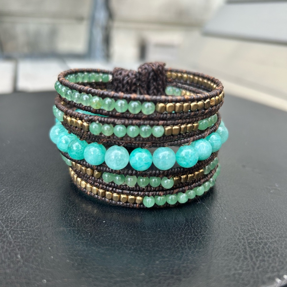 Boho Blue, Green and Gold Beaded Bracelet